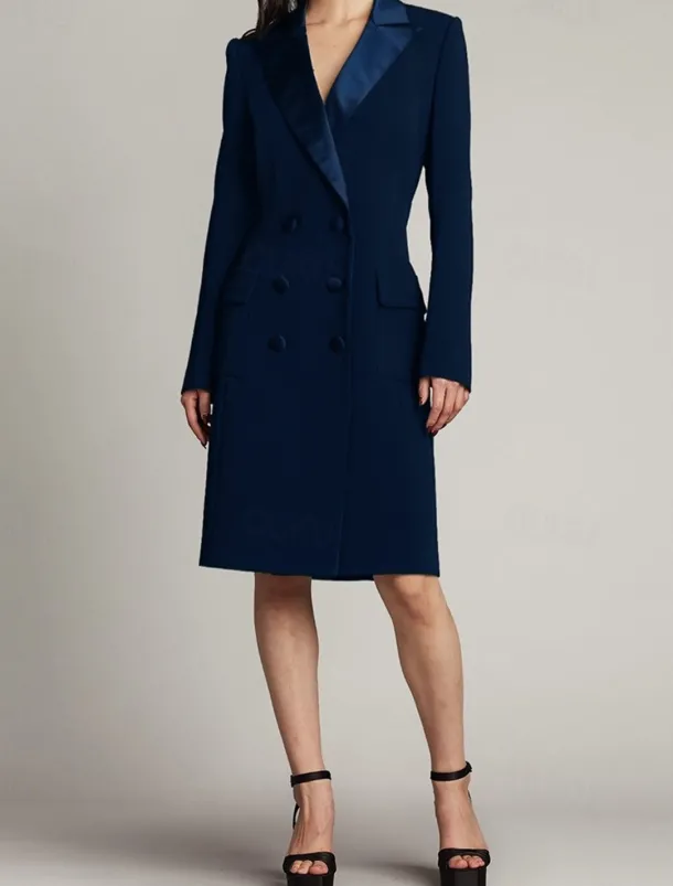 Tuxedo Dress Blazer Dress Sheath / Column Mother of the Bride Dress Elegant Simple Luxurious V Neck Peak Lapel Midi Length Satin Crepe Long Sleeve