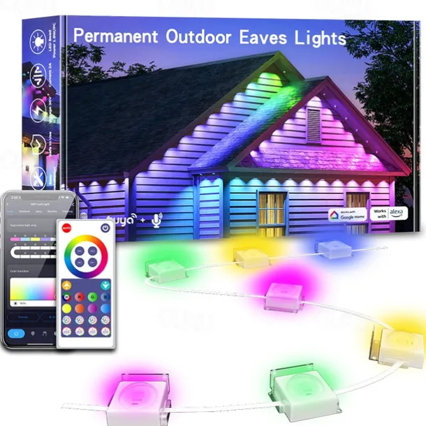 Tuya WiFi Outdoor Waterproof Eaves String Light, Permanent Light 15M 30LEDs/30M 60LEDs 45M 90LEDs Colorful String Lights for Courtyard, Lawn, Garden, Christmas, Halloween, Wedding, Festival