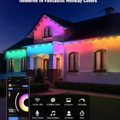 Tuya WiFi Outdoor Waterproof Eaves String Light, Permanent Light 15M 30LEDs/30M 60LEDs 45M 90LEDs Colorful String Lights for Courtyard, Lawn, Garden, Christmas, Halloween, Wedding, Festival