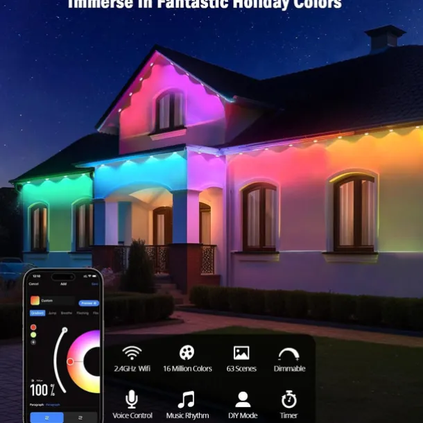 Tuya WiFi Outdoor Waterproof Eaves String Light, Permanent Light 15M 30LEDs/30M 60LEDs 45M 90LEDs Colorful String Lights for Courtyard, Lawn, Garden, Christmas, Halloween, Wedding, Festival