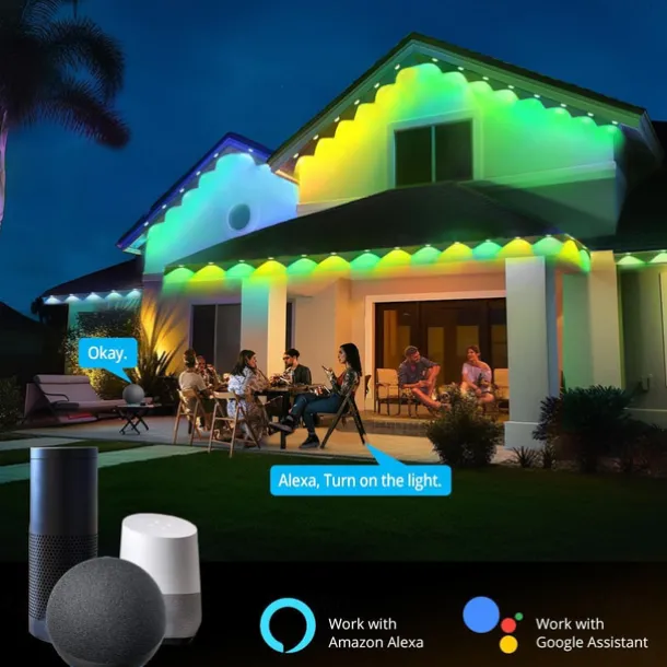 Tuya WiFi Outdoor Waterproof Eaves String Light, Permanent Light 15M 30LEDs/30M 60LEDs 45M 90LEDs Colorful String Lights for Courtyard, Lawn, Garden, Christmas, Halloween, Wedding, Festival