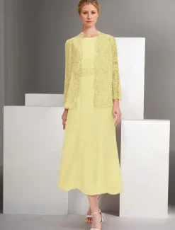 Two Piece A-Line Dress Sets Mother of the Bride Dress Elegant Crew Neck Ankle Length Chiffon Long Sleeve Jacket Dresses with Lace Embroidery