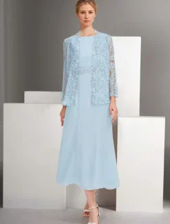 Two Piece A-Line Dress Sets Mother of the Bride Dress Elegant Crew Neck Ankle Length Chiffon Long Sleeve Jacket Dresses with Lace Embroidery