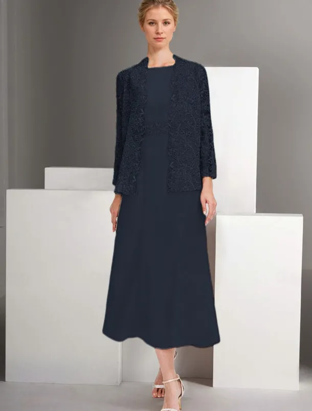 Two Piece A-Line Dress Sets Mother of the Bride Dress Elegant Crew Neck Ankle Length Chiffon Long Sleeve Jacket Dresses with Lace Embroidery