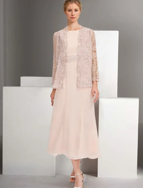 Two Piece A-Line Dress Sets Mother of the Bride Dress Elegant Crew Neck Ankle Length Chiffon Long Sleeve Jacket Dresses with Lace Embroidery