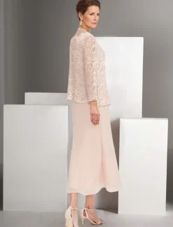 Two Piece A-Line Dress Sets Mother of the Bride Dress Elegant Crew Neck Ankle Length Chiffon Long Sleeve Jacket Dresses with Lace Embroidery