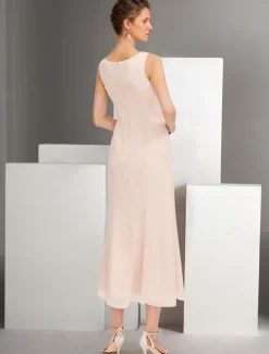 Two Piece A-Line Dress Sets Mother of the Bride Dress Elegant Crew Neck Ankle Length Chiffon Long Sleeve Jacket Dresses with Lace Embroidery