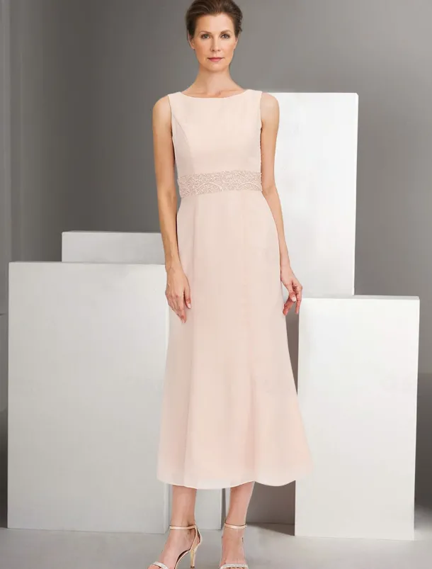 Two Piece A-Line Dress Sets Mother of the Bride Dress Elegant Crew Neck Ankle Length Chiffon Long Sleeve Jacket Dresses with Lace Embroidery