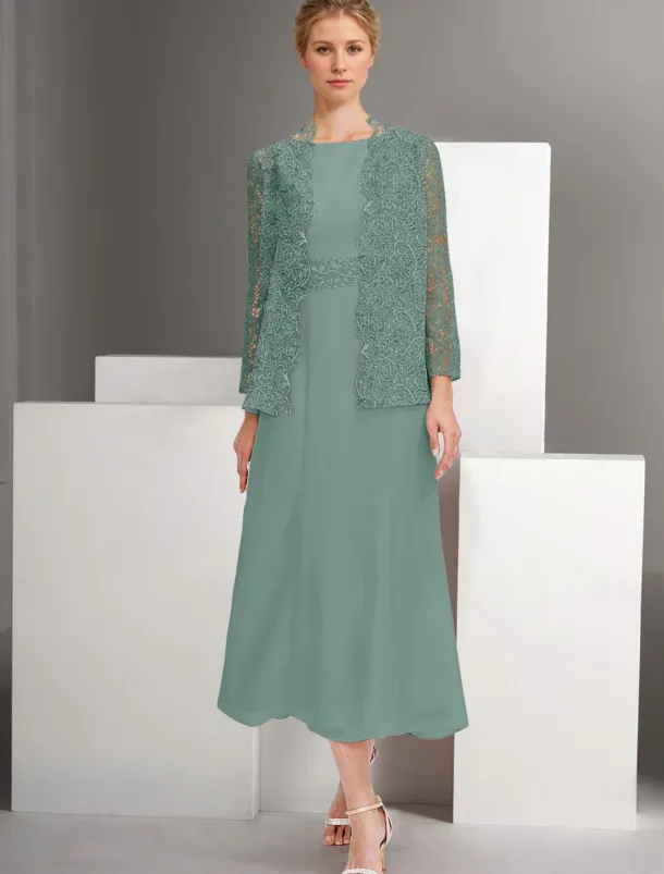 Two Piece A-Line Dress Sets Mother of the Bride Dress Elegant Crew Neck Ankle Length Chiffon Long Sleeve Jacket Dresses with Lace Embroidery