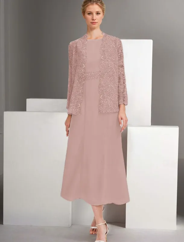 Two Piece A-Line Dress Sets Mother of the Bride Dress Elegant Crew Neck Ankle Length Chiffon Long Sleeve Jacket Dresses with Lace Embroidery