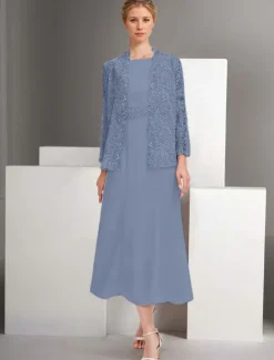 Two Piece A-Line Dress Sets Mother of the Bride Dress Elegant Crew Neck Ankle Length Chiffon Long Sleeve Jacket Dresses with Lace Embroidery