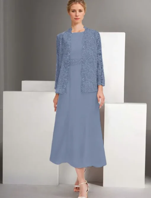 Two Piece A-Line Dress Sets Mother of the Bride Dress Elegant Crew Neck Ankle Length Chiffon Long Sleeve Jacket Dresses with Lace Embroidery