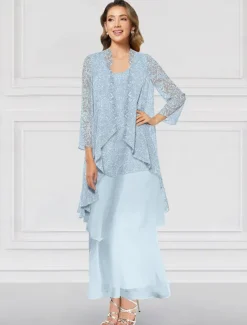 Two Piece A-Line Dress Sets Mother of the Bride Dress Elegant Crew Neck Ankle Length Chiffon Long Sleeve Jacket Dresses with Lace Ruffles Tier