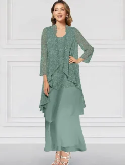 Two Piece A-Line Dress Sets Mother of the Bride Dress Elegant Crew Neck Ankle Length Chiffon Long Sleeve Jacket Dresses with Lace Ruffles Tier