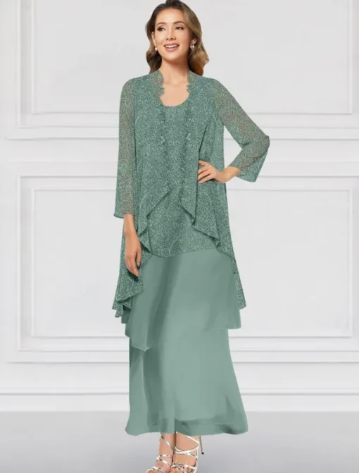 Two Piece A-Line Dress Sets Mother of the Bride Dress Elegant Crew Neck Ankle Length Chiffon Long Sleeve Jacket Dresses with Lace Ruffles Tier