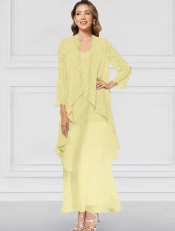 Two Piece A-Line Dress Sets Mother of the Bride Dress Elegant Crew Neck Ankle Length Chiffon Long Sleeve Jacket Dresses with Lace Ruffles Tier