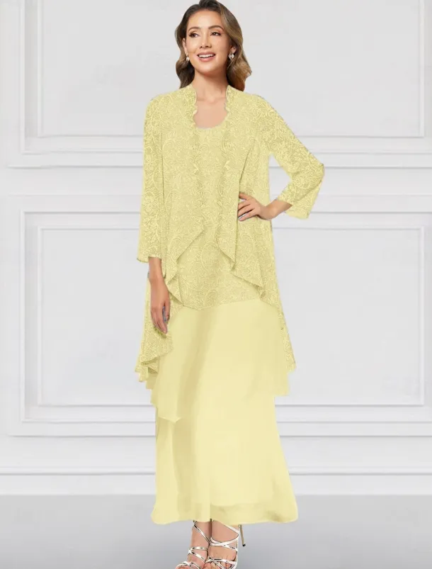Two Piece A-Line Dress Sets Mother of the Bride Dress Elegant Crew Neck Ankle Length Chiffon Long Sleeve Jacket Dresses with Lace Ruffles Tier