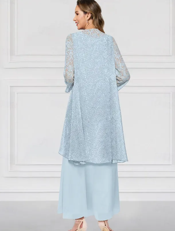Two Piece A-Line Dress Sets Mother of the Bride Dress Elegant Crew Neck Ankle Length Chiffon Long Sleeve Jacket Dresses with Lace Ruffles Tier