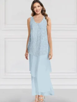 Two Piece A-Line Dress Sets Mother of the Bride Dress Elegant Crew Neck Ankle Length Chiffon Long Sleeve Jacket Dresses with Lace Ruffles Tier