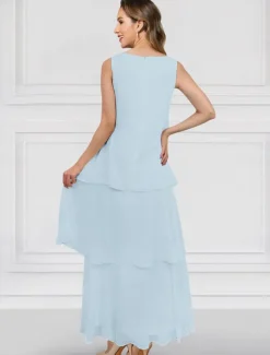 Two Piece A-Line Dress Sets Mother of the Bride Dress Elegant Crew Neck Ankle Length Chiffon Long Sleeve Jacket Dresses with Lace Ruffles Tier