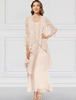 Two Piece A-Line Dress Sets Mother of the Bride Dress Elegant Crew Neck Ankle Length Chiffon Long Sleeve Jacket Dresses with Lace Ruffles Tier