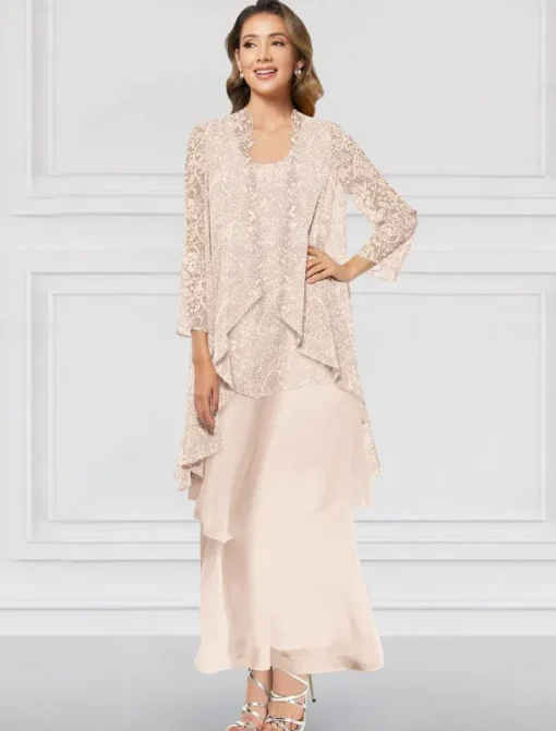 Two Piece A-Line Dress Sets Mother of the Bride Dress Elegant Crew Neck Ankle Length Chiffon Long Sleeve Jacket Dresses with Lace Ruffles Tier
