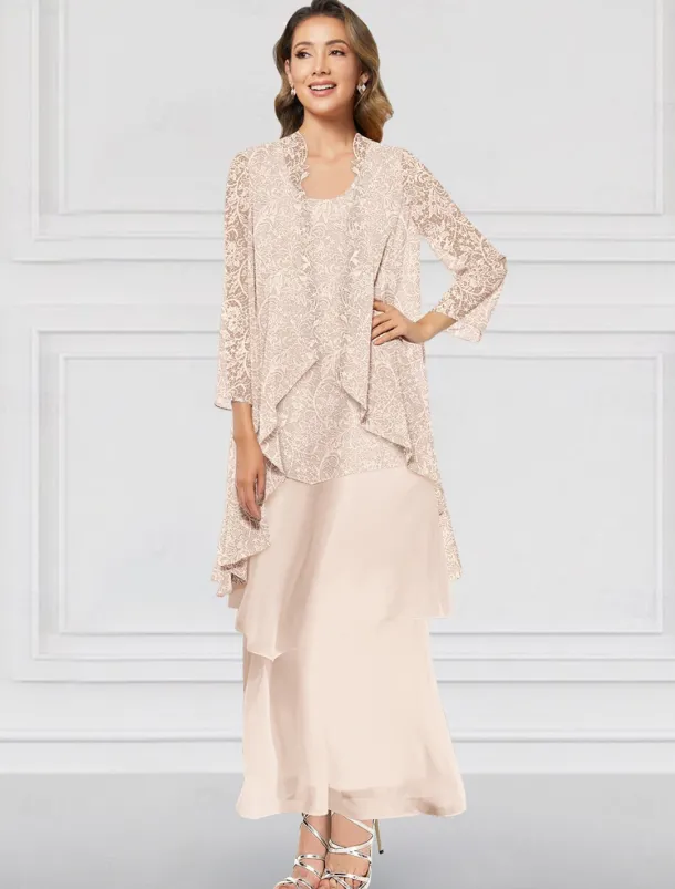 Two Piece A-Line Dress Sets Mother of the Bride Dress Elegant Crew Neck Ankle Length Chiffon Long Sleeve Jacket Dresses with Lace Ruffles Tier