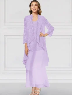 Two Piece A-Line Dress Sets Mother of the Bride Dress Elegant Crew Neck Ankle Length Chiffon Long Sleeve Jacket Dresses with Lace Ruffles Tier