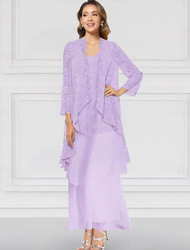 Two Piece A-Line Dress Sets Mother of the Bride Dress Elegant Crew Neck Ankle Length Chiffon Long Sleeve Jacket Dresses with Lace Ruffles Tier