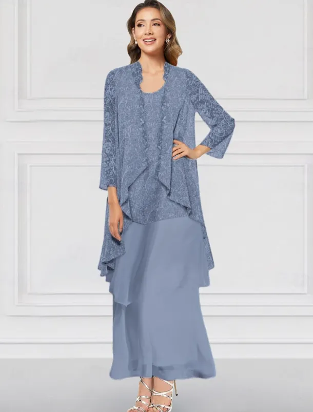 Two Piece A-Line Dress Sets Mother of the Bride Dress Elegant Crew Neck Ankle Length Chiffon Long Sleeve Jacket Dresses with Lace Ruffles Tier