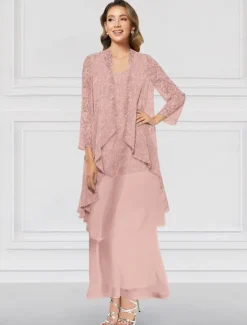 Two Piece A-Line Dress Sets Mother of the Bride Dress Elegant Crew Neck Ankle Length Chiffon Long Sleeve Jacket Dresses with Lace Ruffles Tier