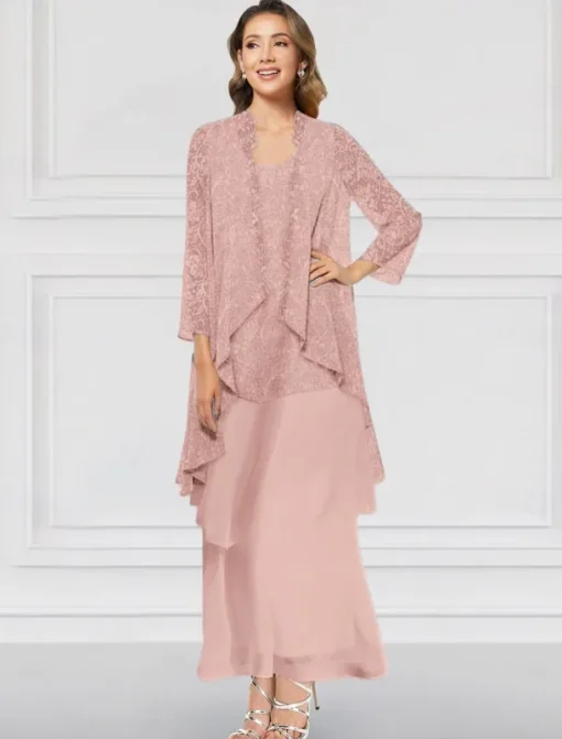 Two Piece A-Line Dress Sets Mother of the Bride Dress Elegant Crew Neck Ankle Length Chiffon Long Sleeve Jacket Dresses with Lace Ruffles Tier