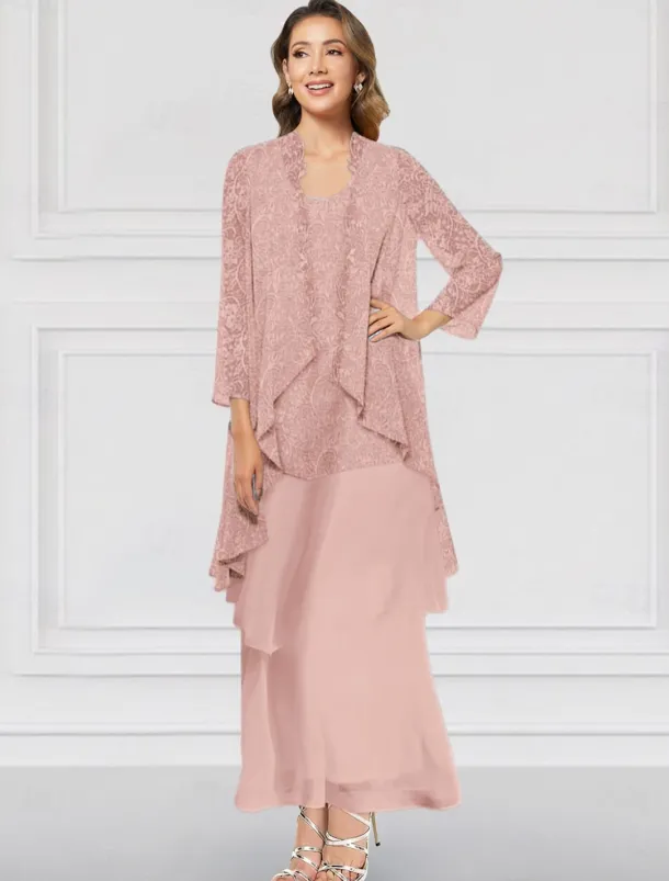 Two Piece A-Line Dress Sets Mother of the Bride Dress Elegant Crew Neck Ankle Length Chiffon Long Sleeve Jacket Dresses with Lace Ruffles Tier
