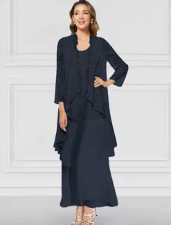 Two Piece A-Line Dress Sets Mother of the Bride Dress Elegant Crew Neck Ankle Length Chiffon Long Sleeve Jacket Dresses with Lace Ruffles Tier