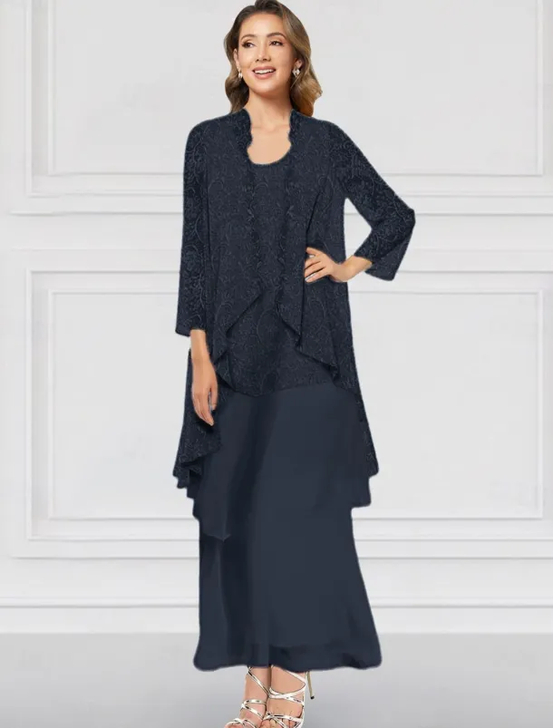 Two Piece A-Line Dress Sets Mother of the Bride Dress Elegant Crew Neck Ankle Length Chiffon Long Sleeve Jacket Dresses with Lace Ruffles Tier