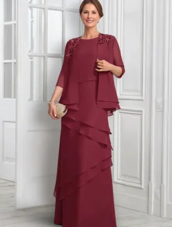 Two Piece A-Line Formal Suit Mother of the Bride Dress Elegant Sparkle & Shine Jewel Neck Floor Length Chiffon Half Sleeve with Buttons Appliques Flower