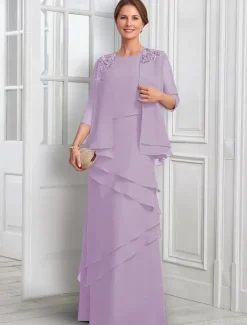 Two Piece A-Line Formal Suit Mother of the Bride Dress Elegant Sparkle & Shine Jewel Neck Floor Length Chiffon Half Sleeve with Buttons Appliques Flower