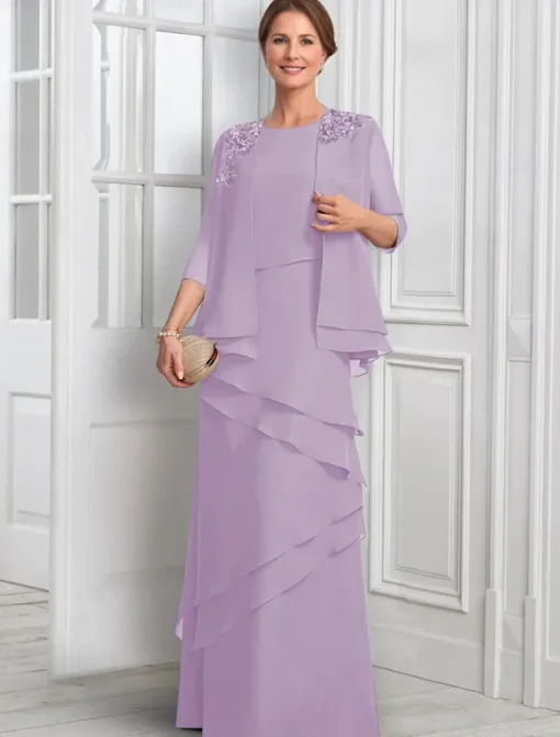 Two Piece A-Line Formal Suit Mother of the Bride Dress Elegant Sparkle & Shine Jewel Neck Floor Length Chiffon Half Sleeve with Buttons Appliques Flower