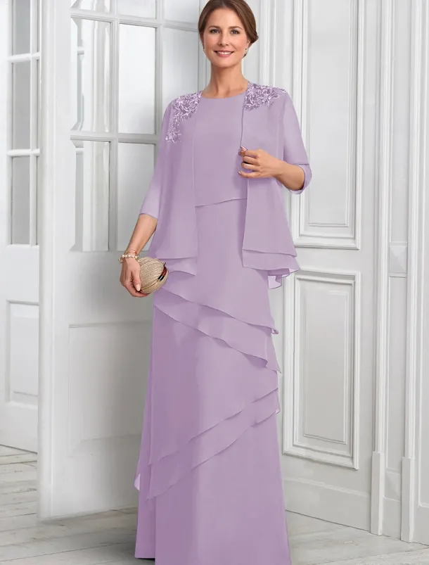 Two Piece A-Line Formal Suit Mother of the Bride Dress Elegant Sparkle & Shine Jewel Neck Floor Length Chiffon Half Sleeve with Buttons Appliques Flower