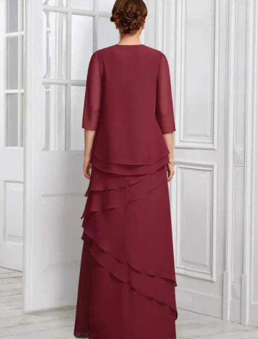 Two Piece A-Line Formal Suit Mother of the Bride Dress Elegant Sparkle & Shine Jewel Neck Floor Length Chiffon Half Sleeve with Buttons Appliques Flower