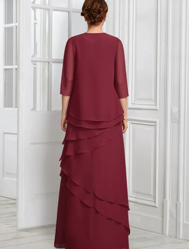 Two Piece A-Line Formal Suit Mother of the Bride Dress Elegant Sparkle & Shine Jewel Neck Floor Length Chiffon Half Sleeve with Buttons Appliques Flower