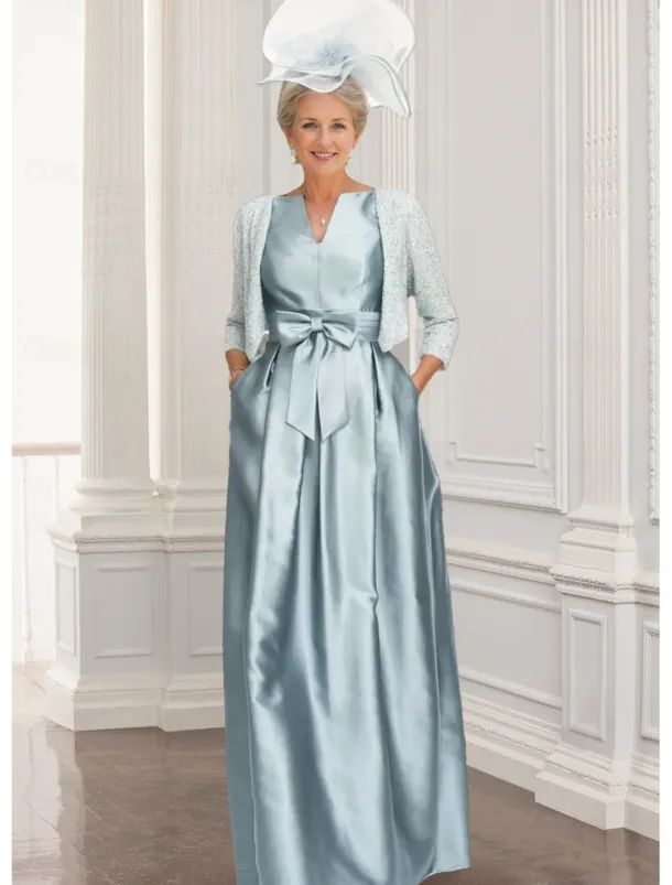 Two Piece A-Line Mother of the Bride Dress Elegant Sparkle & Shine V Neck Floor Length Satin Sequined 3/4 Length Sleeve Wrap Included with Bow(s) free custom size