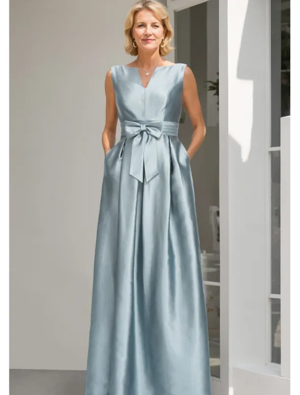 Two Piece A-Line Mother of the Bride Dress Elegant Sparkle & Shine V Neck Floor Length Satin Sequined 3/4 Length Sleeve Wrap Included with Bow(s) free custom size