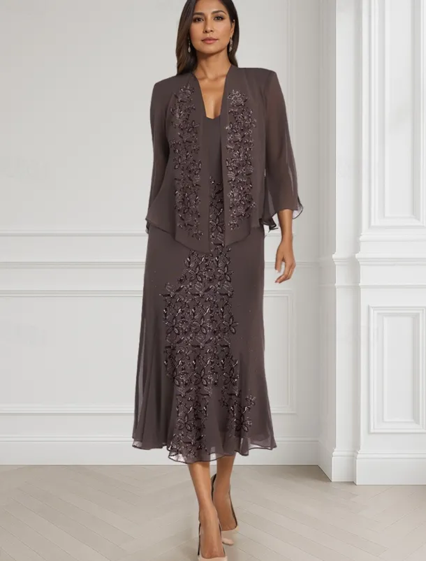 Two Piece A-Line Mother of the Bride Dress Elegant Square Neck Floor Length Chiffon Long Sleeve Wrap Included with Lace Tier Embroidery 20