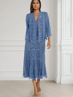 Two Piece A-Line Mother of the Bride Dress Elegant Square Neck Floor Length Chiffon Long Sleeve Wrap Included with Lace Tier Embroidery 20