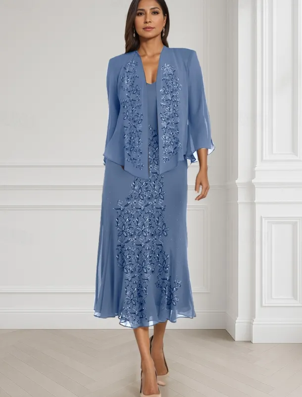 Two Piece A-Line Mother of the Bride Dress Elegant Square Neck Floor Length Chiffon Long Sleeve Wrap Included with Lace Tier Embroidery 20