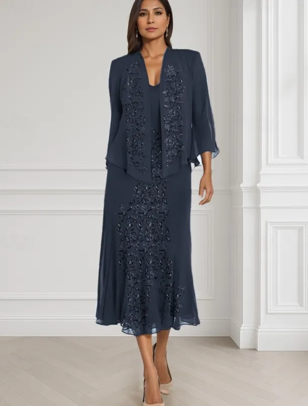 Two Piece A-Line Mother of the Bride Dress Elegant Square Neck Floor Length Chiffon Long Sleeve Wrap Included with Lace Tier Embroidery 20