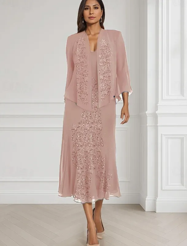 Two Piece A-Line Mother of the Bride Dress Elegant Square Neck Floor Length Chiffon Long Sleeve Wrap Included with Lace Tier Embroidery 20