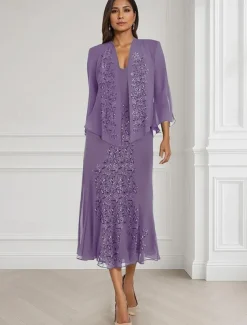 Two Piece A-Line Mother of the Bride Dress Elegant Square Neck Floor Length Chiffon Long Sleeve Wrap Included with Lace Tier Embroidery 20