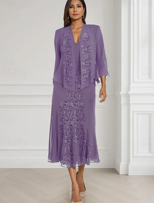 Two Piece A-Line Mother of the Bride Dress Elegant Square Neck Floor Length Chiffon Long Sleeve Wrap Included with Lace Tier Embroidery 20